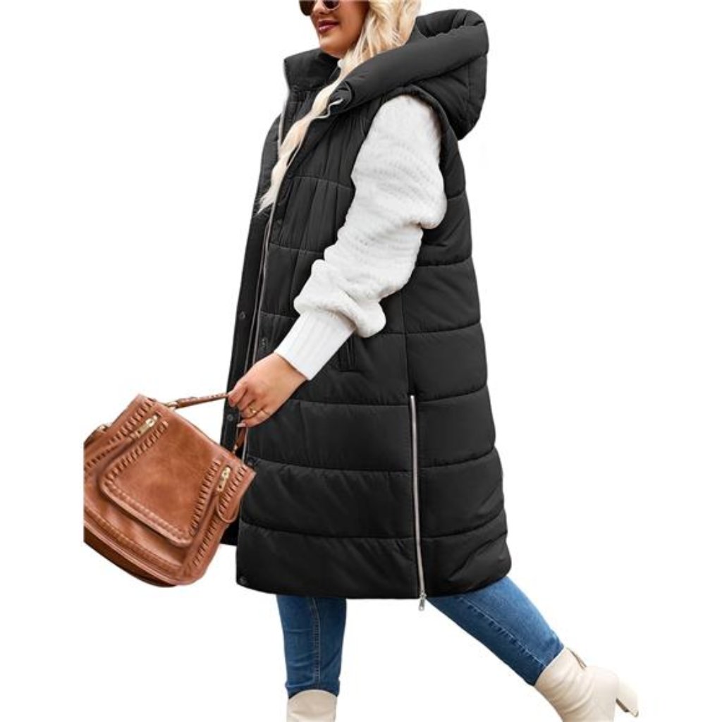 Women's Plus Size Long Puffer Vest Winter Sleeveless Puffy Jacket With Hood